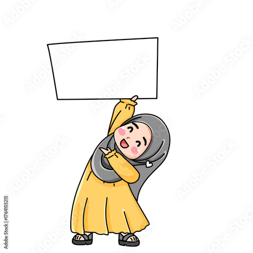 Smiling Girl in Hijab Holding Blank Sign Above Head, Cartoon Illustration.