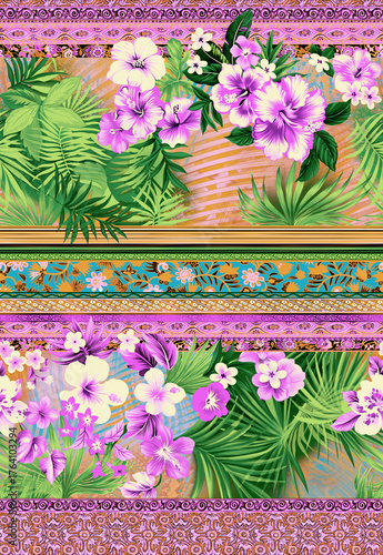 Tropical Floral and Bohemian Border Seamless Pattern with Palm Leaves and Hibiscus Flowers