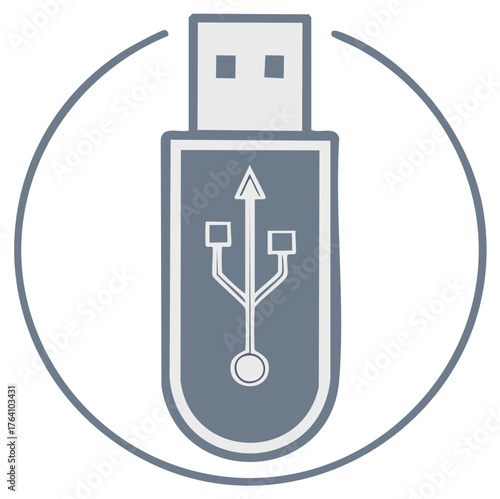 Universal Serial Bus drive inside circle vector icon for data storage in grey and white colors