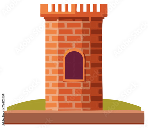 Medieval style brick tower with battlements and arched window illustration