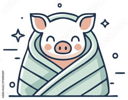 Cute smiling piglet swaddled in a cozy blanket clean and happy cartoon icon illustration