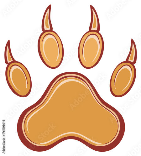 Stylized brown paw print with cartoon style bold outline and glossy texture