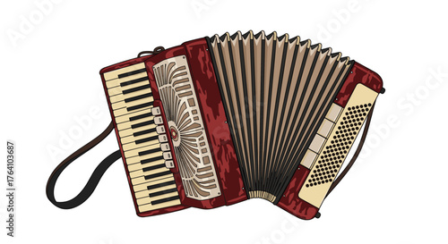 Detailed illustration of a classic red accordion musical instrument.