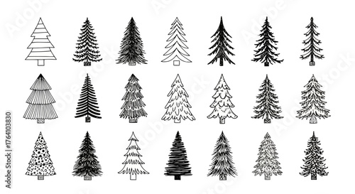 Vector art of collection of various handdrawn christmas trees in black and white