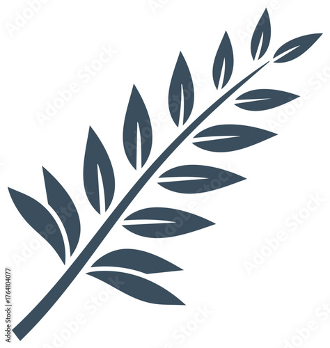 Simple dark blue olive branch silhouette with leaves on white background