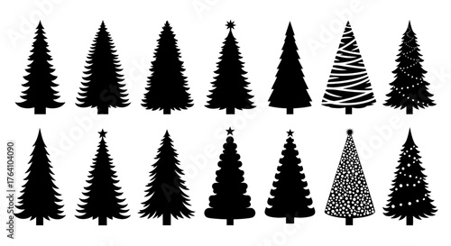 Vector art of collection of diverse black christmas tree silhouettes, , showcasing various styles and decorations for festive design