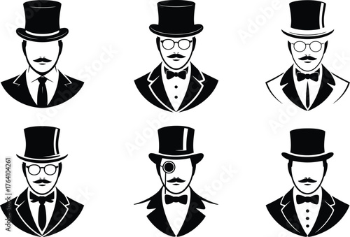Six Stylized Silhouettes of Gentlemen in Top Hats and Suits