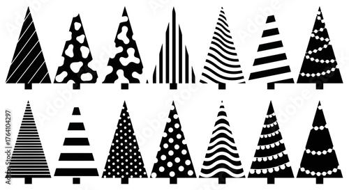 Vector art of set of black and white stylized christmas tree icons with various patterns like stripes, dots, and abstract shapes