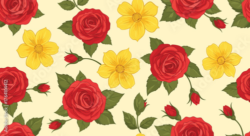 Floral Pattern with Roses and Yellow Flowers.