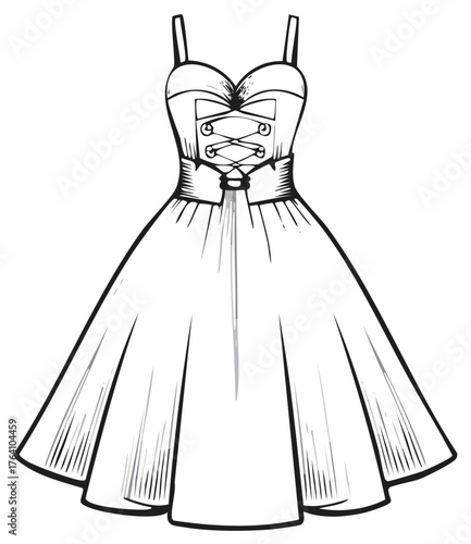Vintage dress with a corset bodice and full skirt, black and white line art illustration