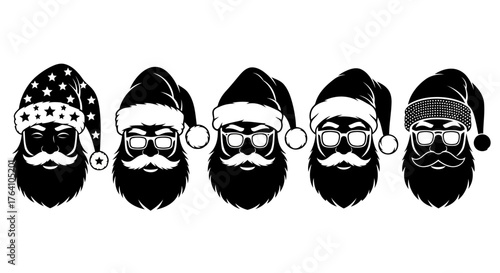 Vector art of collection of black silhouette santa claus faces with glasses and hats