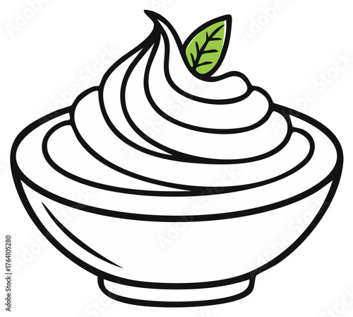 Whipped Cream Dessert Topped with Mint Leaf in Bowl. Vector illustration.