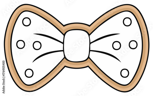 Simple illustration of a tan and white bow tie with black accents and circles
