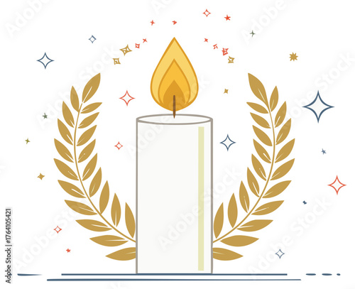 Burning candle surrounded by laurel wreath and stars. Celebration or commemoration