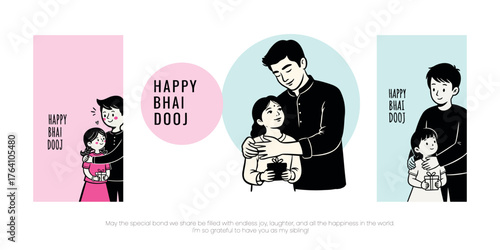 Stylized vector set for Happy Bhai Dooj. A loving brother embraces his sister warmly, symbolizing protection, affection, and the eternal sibling bond.