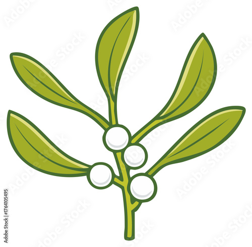 Simple cartoon illustration of a Christmas mistletoe sprig with green leaves and white berries