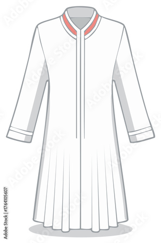 Simple White Dress with Trim Technical Drawing Fashion Design Illustration, Long Sleeves, Relaxed Fit, Straight Lines