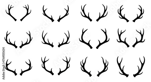 Vector art of set of twelve black silhouette illustrations of deer antlers, , ideal for rustic and hunting themes