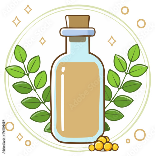 Illustration of a liquid filled bottle with a stopper, green leafy branches, and gold spheres with decorative shapes