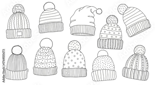 Vector art of collection of handdrawn winter beanies with pompoms