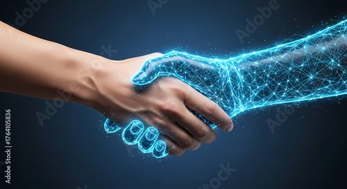 A human hand shakes with a digital hand, symbolizing collaboration, innovation, and futuristic technology against a dark blue background.