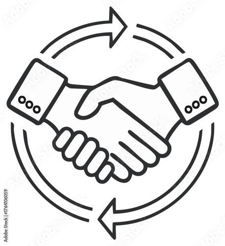 Business handshake icon with circular arrows symbolizing continuous partnership, agreement, and cooperation