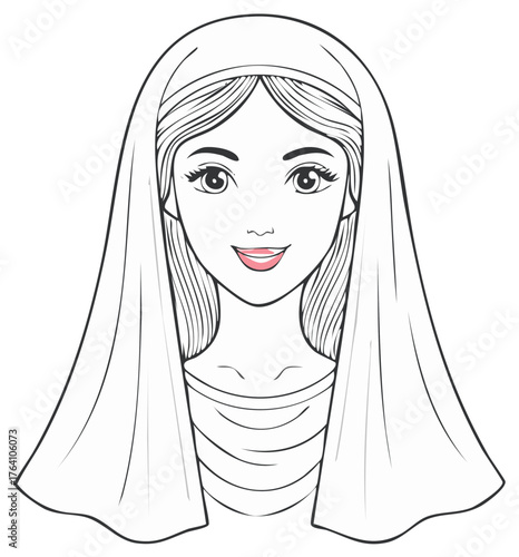 Line Art of a Woman with Headscarf Religious Figure Illustration Character Design Graphics