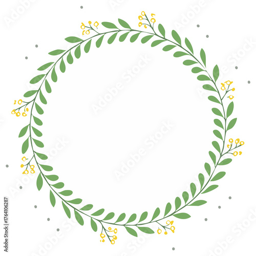 Simple green leafy wreath with yellow flower buds and grey dots border