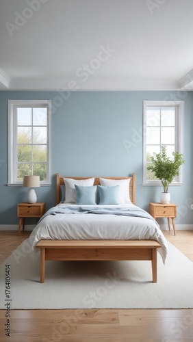 Soft blue walls and white bedding create a calming atmosphere in this serene bedroom with natural wood furniture and a large window frame