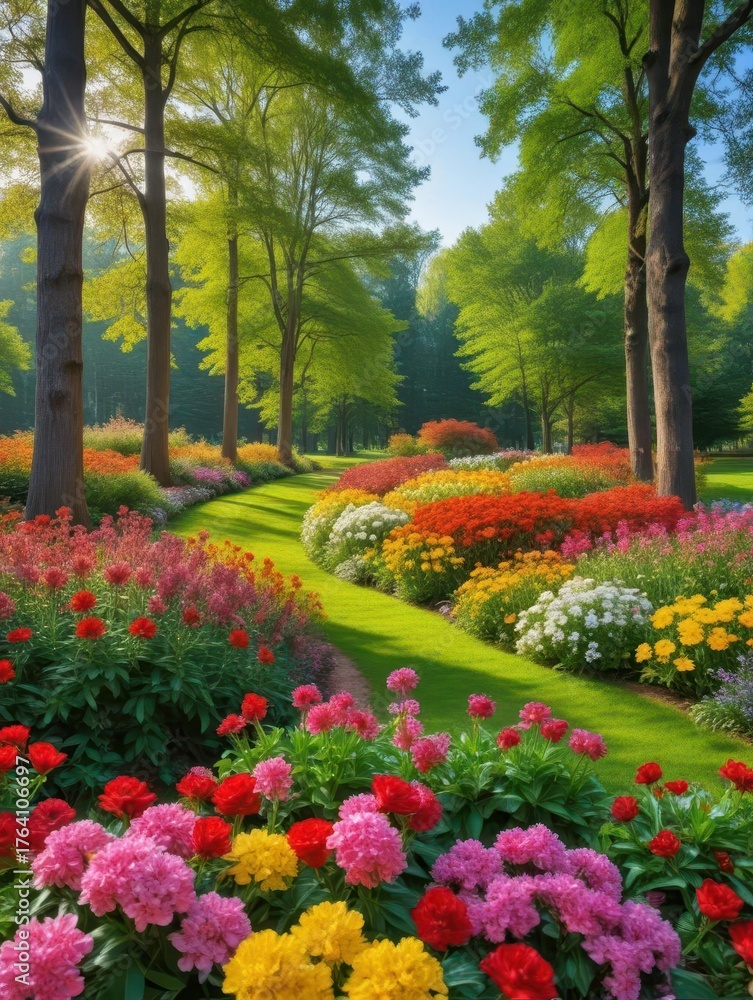 Obraz premium Colorful blooming flowers in a lush garden with tall trees and greenery all around