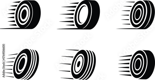 Six Black Icons of Tires in Motion