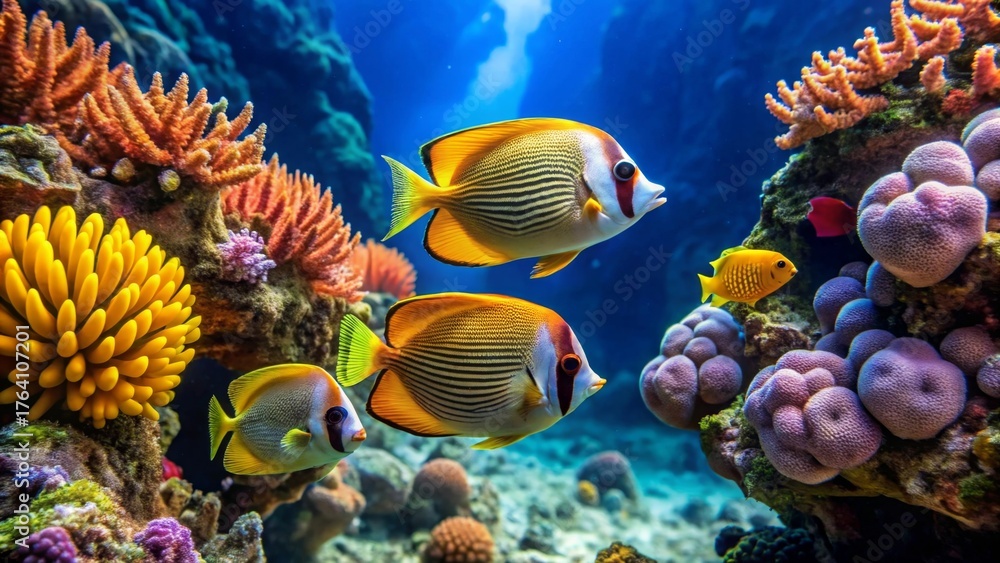 Naklejka premium Vibrant Reef Fish Swimming Amongst Colorful Coral and Anemones in a Thriving Underwater Ecosystem