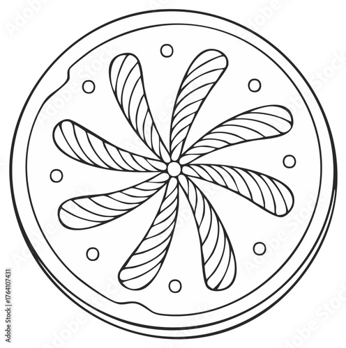 Hand drawn coloring page of a round cookie with a striped pinwheel pattern