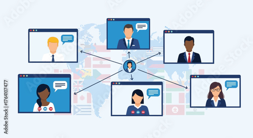 Illustration depicting a video conference meeting, remote work and online communication