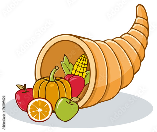 Abundant cornucopia overflowing with fresh harvest fruits and vegetables autumn bounty