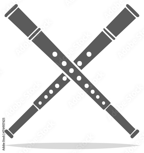 Crossed tin whistles icon, grey woodwind instruments for traditional music