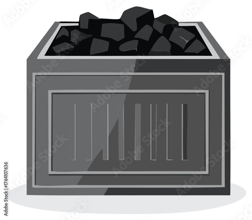Isometric illustration of a coal scuttle, container full of black coal pieces for heating during winter or as alternative power fuel source