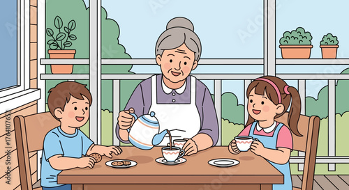 A loving grandmother pouring tea for her happy grandson and granddaughter on a sunny porch.
