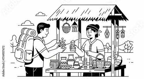 A line art illustration of a backpacker tourist buying handmade souvenirs from a local vendor at an outdoor market stall.