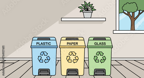 A set of three colorcoded recycling bins for sorting plastic paper and glass waste.