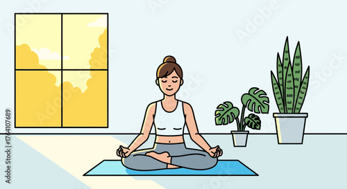 A serene woman with a top knot bun meditates in the lotus pose on a blue yoga mat in a sunlit room.