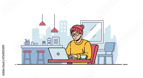A young person wearing a red beanie and glasses working on a laptop in a modern city cafe.
