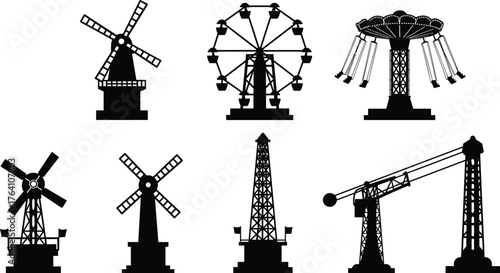 Amusement park ride and windmill silhouette collection, ferris wheel, swing ride, tower and crane vector illustration for graphic design
