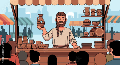 Bearded Pottery Vendor Displaying Ceramic Jug at Market Stall.