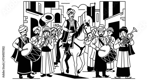 Black and white illustration of a traditional procession with a man on horseback and musicians.