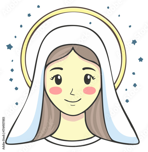 Cute cartoon vector illustration of the Virgin Mary with a golden halo and stars