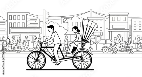 Black and White Illustration of a Rickshaw with Passengers.
