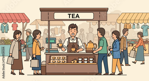 Bustling Outdoor Market Scene with a Dedicated Tea Stall and Customers.