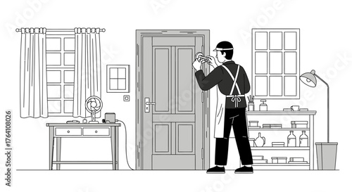 Carpenter Inspecting and Sanding Wooden Door in Workshop Setting.