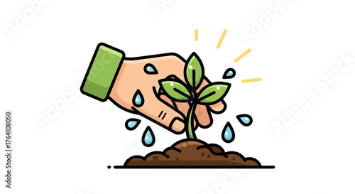 Cartoon hand planting green seedling in soil nurturing growth with water droplets.